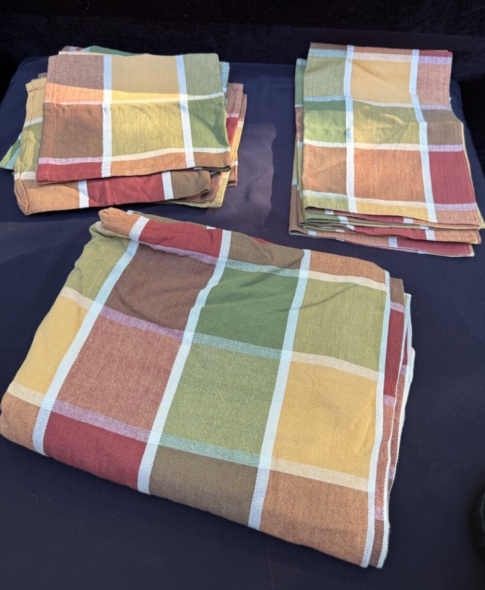 Lintex Plaid Tablecloth Napkins & Placemat Set Thanksgiving Dobby Plaid EUC